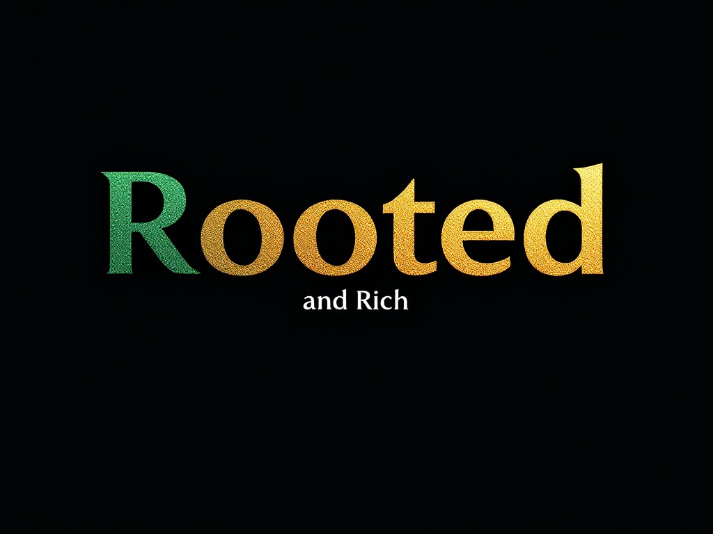 This image features the logo design for 'Rooted and Rich.' The text is the main focus, presented in a sleek style that combines elegance and confidence. 'Rooted' is displayed in a deep green, symbolizing growth and stability, while 'Rich' is shown in a striking metallic gold to convey wealth. The typography has a contemporary feel, possibly featuring ligatures or gradient effects for uniqueness. The overall appearance is balanced and visually appealing, making it suitable for a high-end financial education and consulting brand.