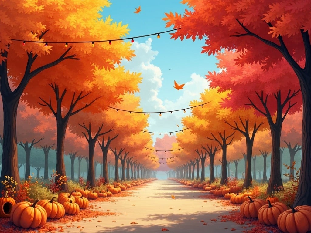 This is a vibrant autumn scene featuring a path through trees adorned with colorful leaves of red, orange, and yellow. Festive decorations, including string lights, enhance the ambiance, creating a cheerful atmosphere. Lining the path are pumpkins, adding to the seasonal charm. The sky is bright blue with soft clouds, and a few leaves flutter down. This picturesque setting evokes the joys of fall and invites viewers to celebrate the season.