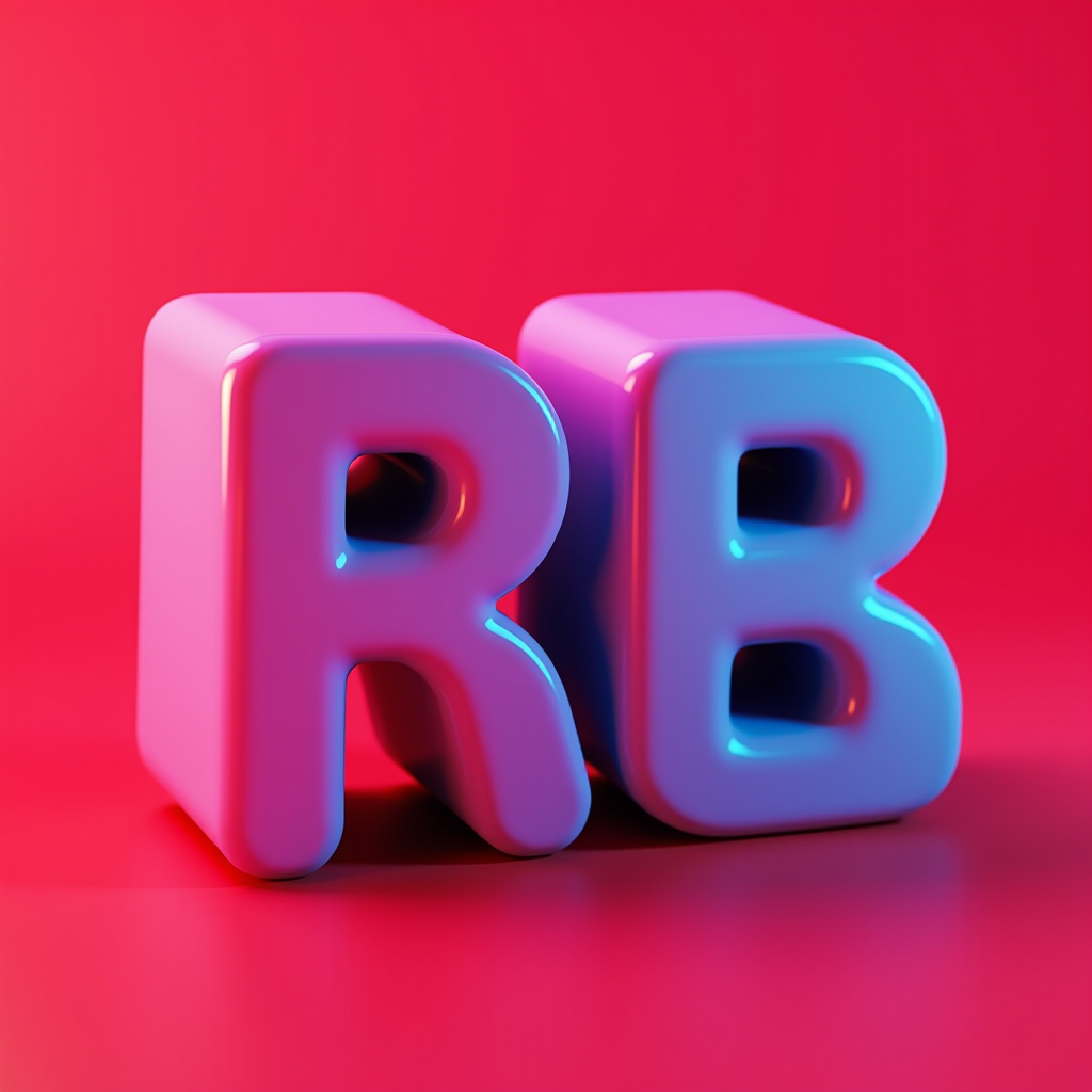 Two glossy, rounded 3D letters 'R' and 'B' in vibrant pink and blue against a bold pink background.