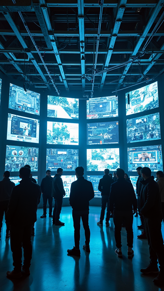 Several people stand in a dimly lit room surrounded by large, bright digital screens displaying various images and information.