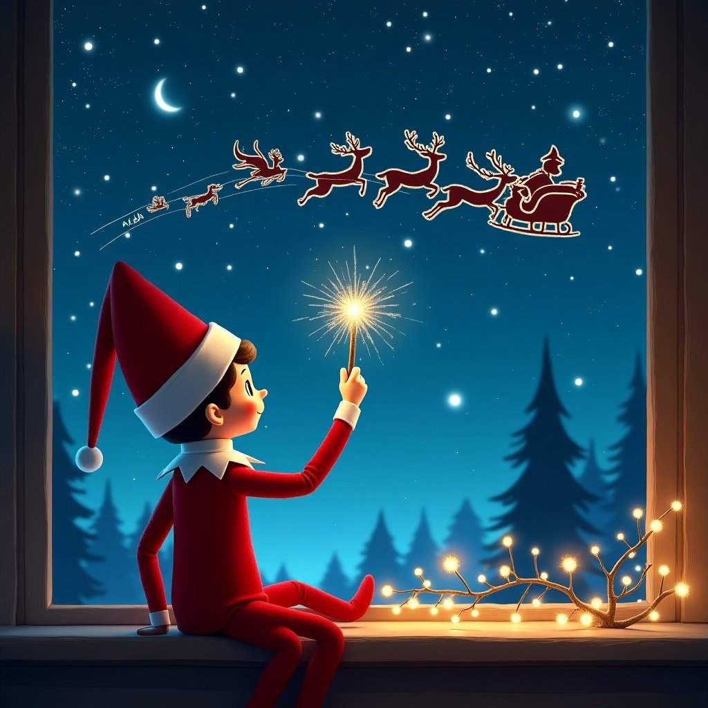 An elf character, facing away from the viewer, sits in a cozy window, using a sparkling wand to write names in the night sky. The scene is magical and festive, with sparkling lights and a serene blue background. Outside the window, silhouettes of Santa Claus in a sleigh and flying reindeer add to the Christmas spirit. The elf appears joyful and spirited, participating in holiday magic. The atmosphere is wintry and enchanting, inviting viewers to feel the warmth of the holiday season.