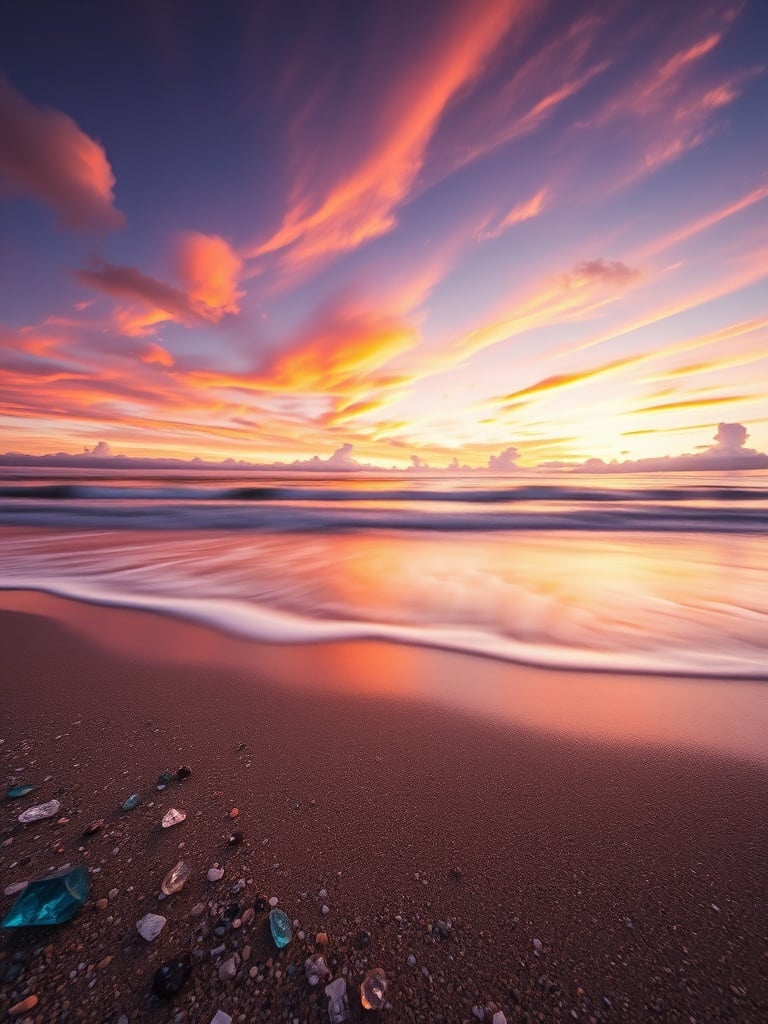 This image captures a serene beach at sunset, where the gentle ocean waves brush over the smooth sand. The dramatic, colorful sky is painted with hues of pink, orange, and purple, reflecting the fading light on the water’s surface. Small shells and pebbles scatter the foreground, adding texture to the tranquil scene.