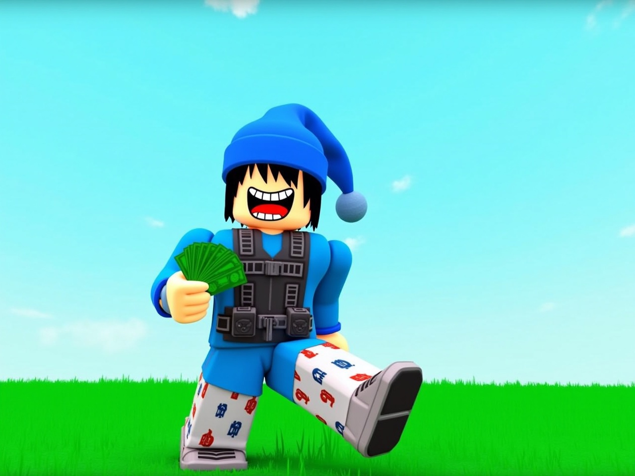 The image features a character from the game Roblox. This character is dressed in a bright blue outfit with a blue beanie and has a large mouth, showing sharp teeth. It is wearing a tactical vest and holding a stack of cash in one hand, giving a playful look. The character has one mixed-pattern leg, highlighted with cartoonish designs, while the other leg is plain white. The background is a simple, bright blue sky with green grass, typical of a virtual world in Roblox. The overall appearance is colorful and cartoon-like, embodying the playful essence of Roblox avatars.