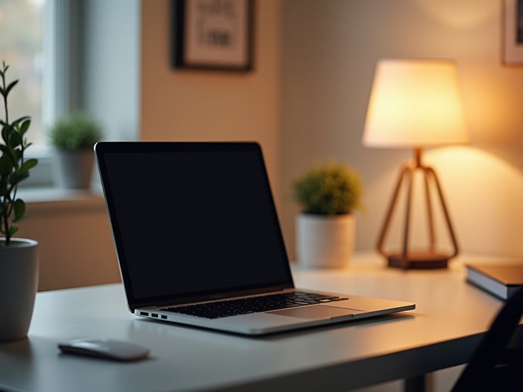 The image shows a modern desk setup featuring an open laptop, placed on a clean white table. There's a small potted plant on the left, adding a touch of greenery to the workspace. A stylish lamp casts a soft glow on the desk, creating a warm and inviting atmosphere. The background is softly blurred, giving focus to the desk and its elements. This setup captures the essence of a comfortable work environment suitable for remote work or study.