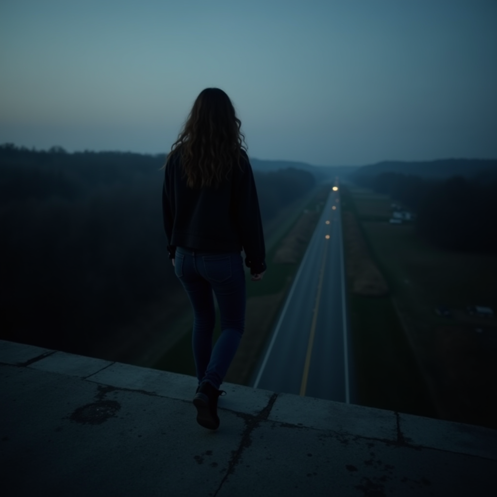 A person stands on an elevated platform overlooking a long, empty road at twilight.