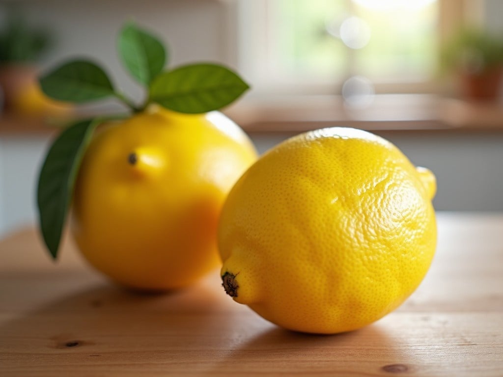 This image features two vibrant yellow lemons placed on a wooden table. One lemon has a green leaf, adding a touch of freshness to the scene. The soft natural light highlights the lemons' intricate textures. The background is blurred, drawing attention to the main subjects. This appealing composition is perfect for food-related content.