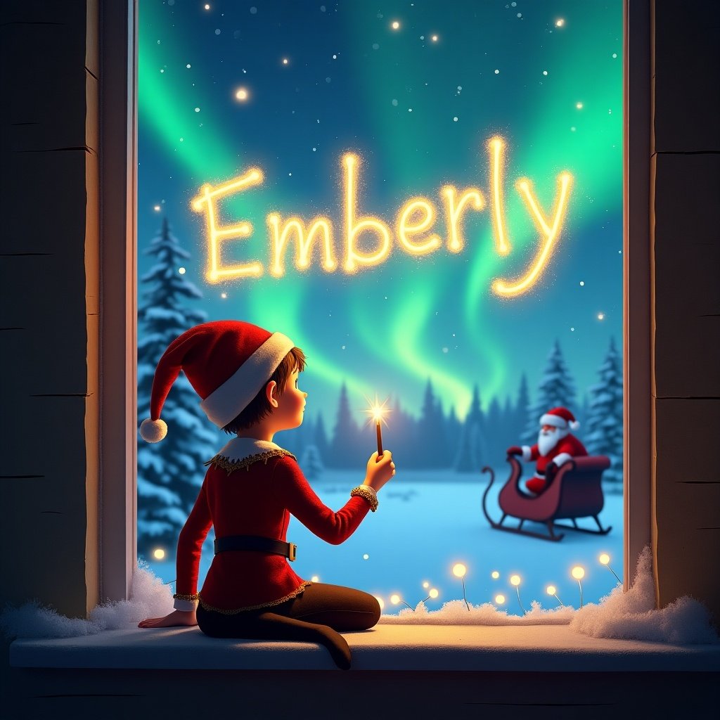 The image illustrates a magical Christmas scene. An elf is perched on a window ledge, turned away from the viewer. Using a wand, he magically writes the name 'Emberly' in glowing lights. Outside the window, vibrant northern lights dance across the night sky above a snowy landscape. In the distance, Santa Claus can be seen in his sleigh, adding to the festive atmosphere.