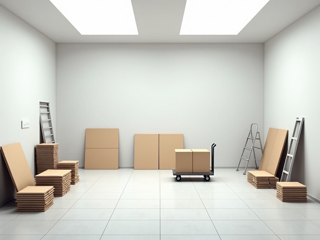 The image shows a spacious, empty room with white walls and a white ceiling. The flooring is tiled in a light color, and there are some stacks of tiles and cardboard boxes scattered throughout. On one side, there are several piles of tiles leaning against the wall. There’s a wheeled cart in the center, holding a cardboard box. The lighting comes from rectangular panels in the ceiling, providing a bright atmosphere despite the emptiness of the room. In one corner, a ladder is leaning against the wall, and the overall look suggests that the space may be in the process of renovation or setup.