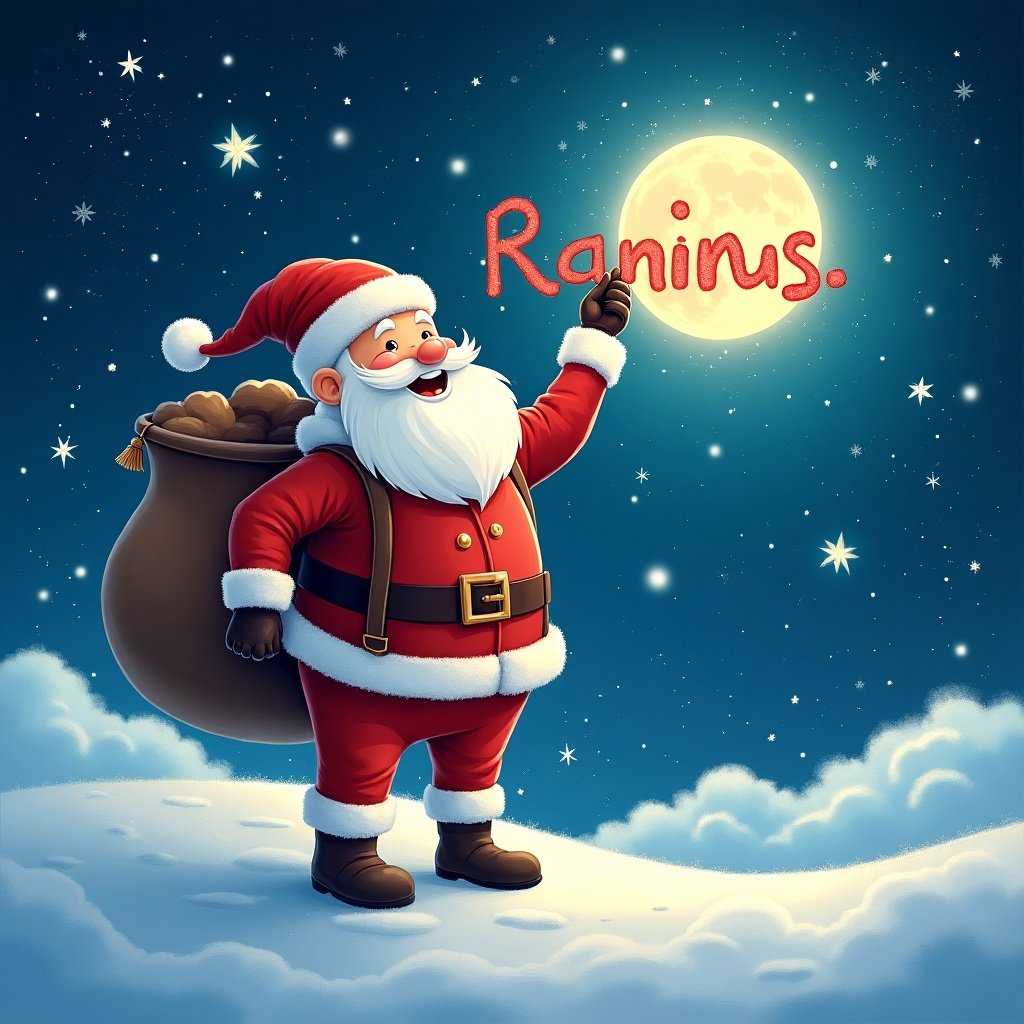 This image depicts a cheerful Santa Claus standing on a snowy hilltop. He is wearing his classic red suit and pointing at a big, bright moon in the night sky. The moon is glowing with a warm light. Around him, there's a starry sky that adds to the festive atmosphere. A sack of gifts sits by his side, and playful shadows are cast on the snowy ground. The word 'Ranins.' is scribbled in the sky as if drawn by Santa.