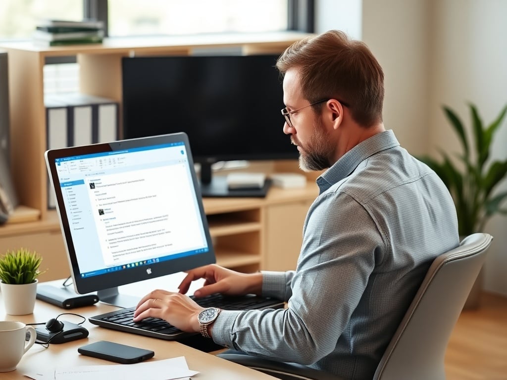 A man working at a computer in a modern office setting, focusing on his task with a cup of coffee nearby.