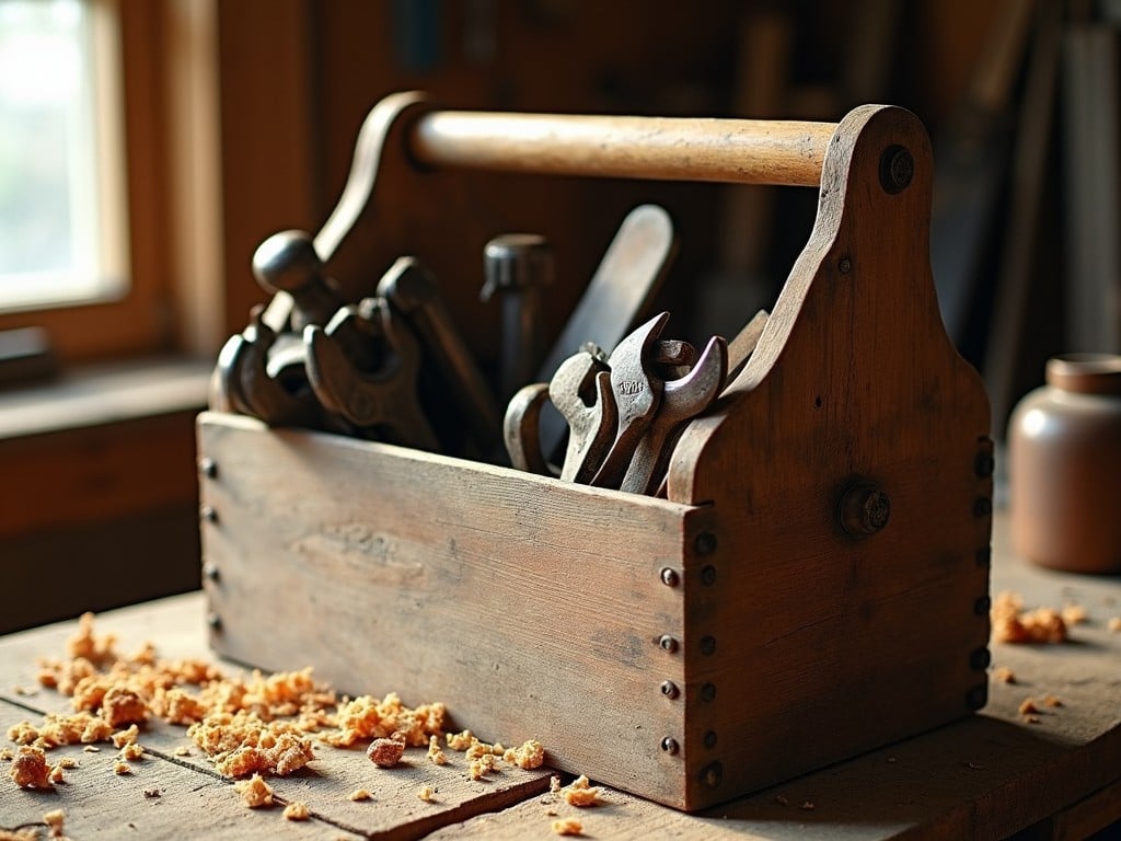 This image captures a wooden toolbox filled with various hand tools, including wrenches and screwdrivers, resting on a workbench. The scene is lit softly by natural light filtering through a nearby window, casting gentle shadows and highlighting the wood's texture. Wood shavings are scattered around the workbench, adding to the rustic and authentic workshop atmosphere.