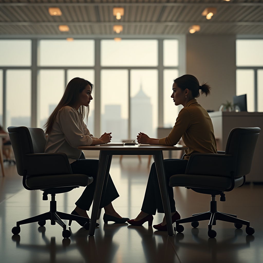 The image depicts two women sitting across from each other at a small round table in a modern office setting. They are engaged in a conversation, with a neutral yet focused atmosphere. Both women are sitting on office chairs, facing each other, and dressed in professional attire suitable for a business environment. There are closed laptops and notebooks on the table, indicating a work-related discussion. The room is well-lit by natural light coming through large windows that reveal a cityscape in the background, suggesting that the office is located in an urban area. The ceiling has evenly spaced recessed lighting, adding to the contemporary design of the workspace.