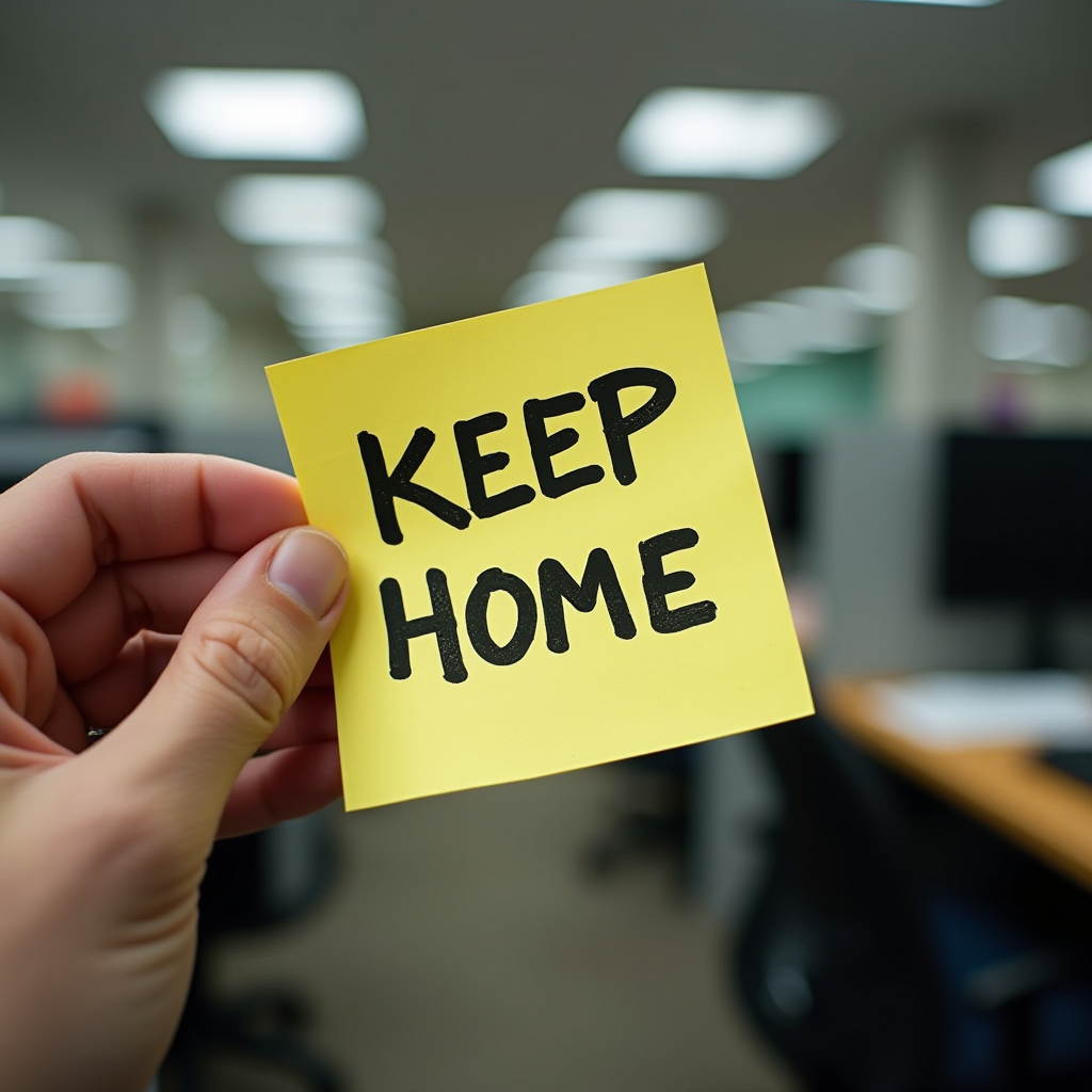 A hand holds a yellow sticky note with 'KEEP HOME' written on it, in an office setting.