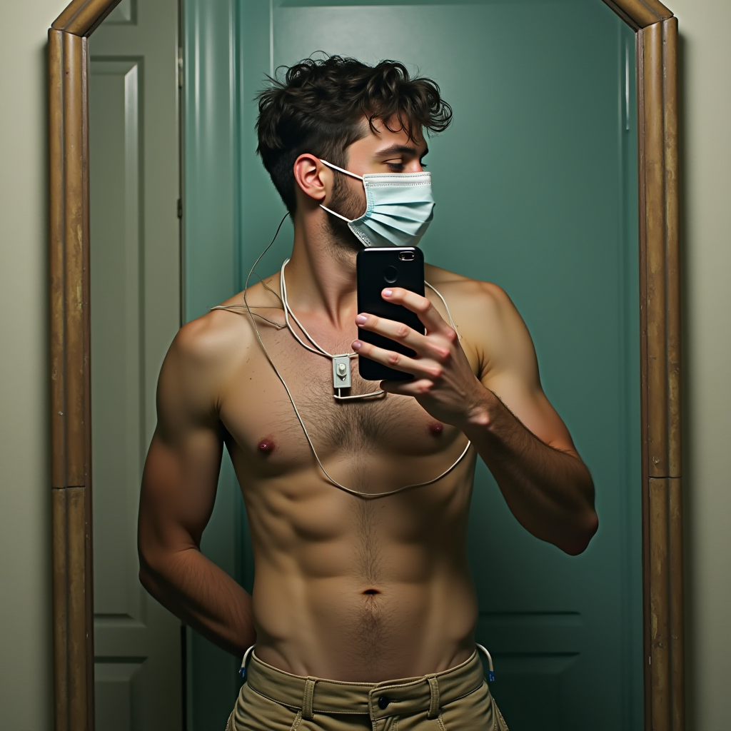 A shirtless man wearing a mask takes a selfie in a mirror, showcasing his toned physique.