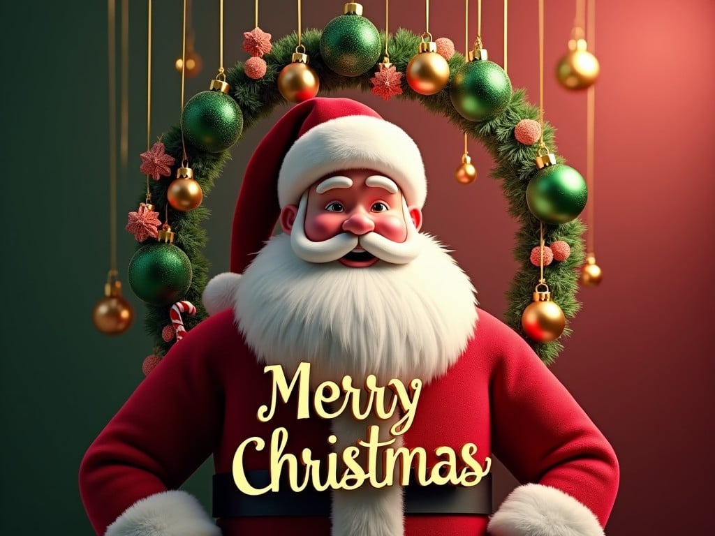 This image features a luxurious 8K digital render Christmas eCard showcasing a cheerful Santa Claus at the center. He has a rosy-cheeked, friendly smile. Surrounding him is a festive frame of hanging ornaments in brilliant gold, emerald green, and deep red. The ornaments are crafted into classic Christmas shapes, such as candy canes and glittered snowflakes, enhancing the holiday spirit. The background transitions from a dark red to a warm gold gradient, adding depth to the festive setting. The text 'Merry Christmas' is elegantly displayed below Santa in a bold, golden font.