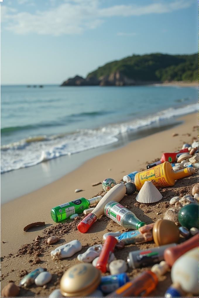 A beach covered with scattered bottles and litter, with a scenic view of the sea and distant cliffs.