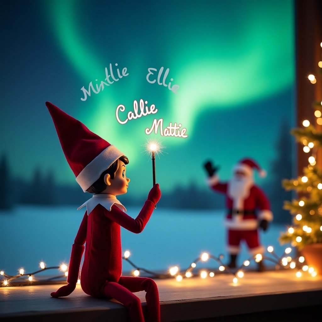 This image captures a charming holiday scene featuring an Elf on the Shelf. The elf is dressed in traditional red and white attire, facing a stunning backdrop of the northern lights. With a wand in hand, he magically writes the names 'Callie', 'Ellie', and 'Mattie' in the air. In the background, Santa Claus waves joyfully, adding a festive touch. A beautifully decorated Christmas tree and twinkling lights set the atmosphere, making it a heartwarming depiction of Christmas spirit.