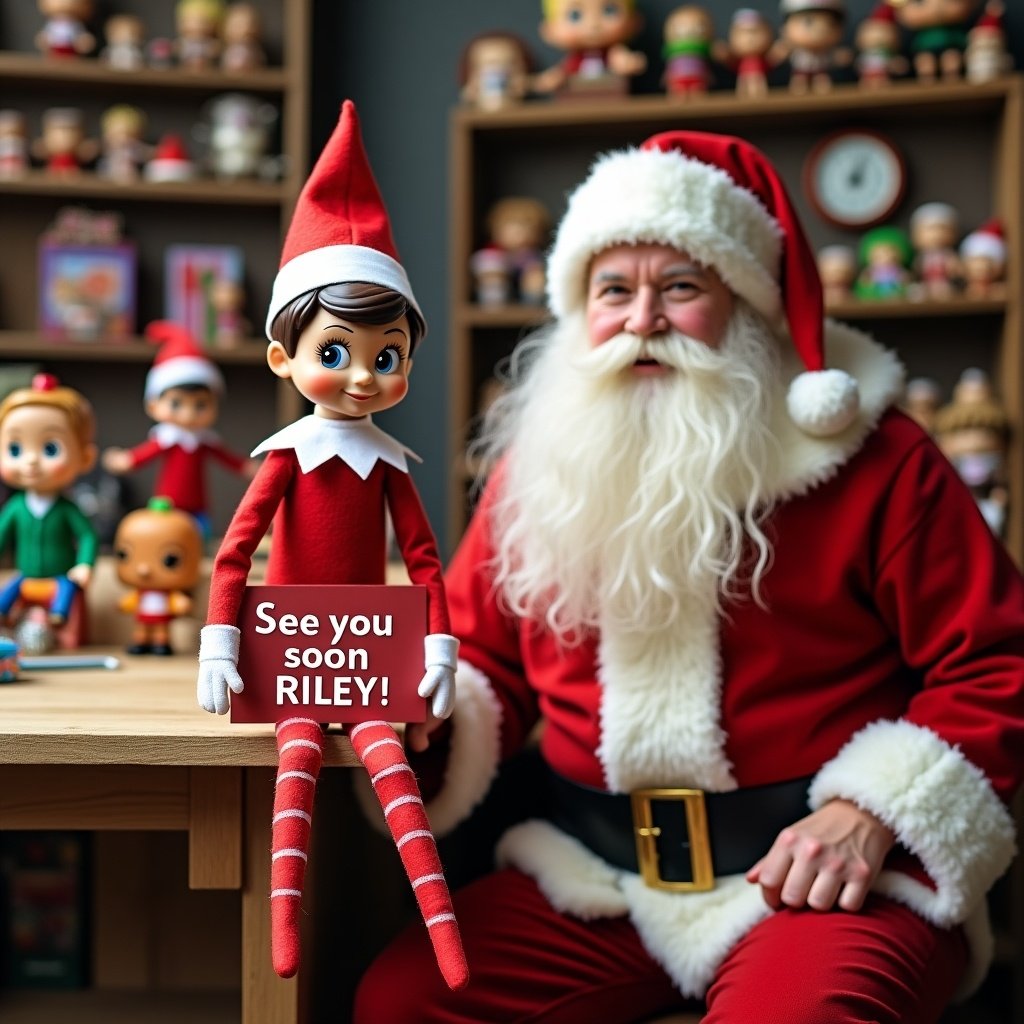 An Elf on the Shelf is holding a sign that reads 'See you soon RILEY!' while sitting next to Santa Claus in a cozy toy workshop. The workshop is bustling with toys and Funko Pops being created in the background. Santa is dressed in his traditional red suit with a fluffy white beard, while the Elf has a playful expression. The atmosphere is warm and festive, filled with holiday cheer. This image captures the spirit of Christmas and the joy of toys.