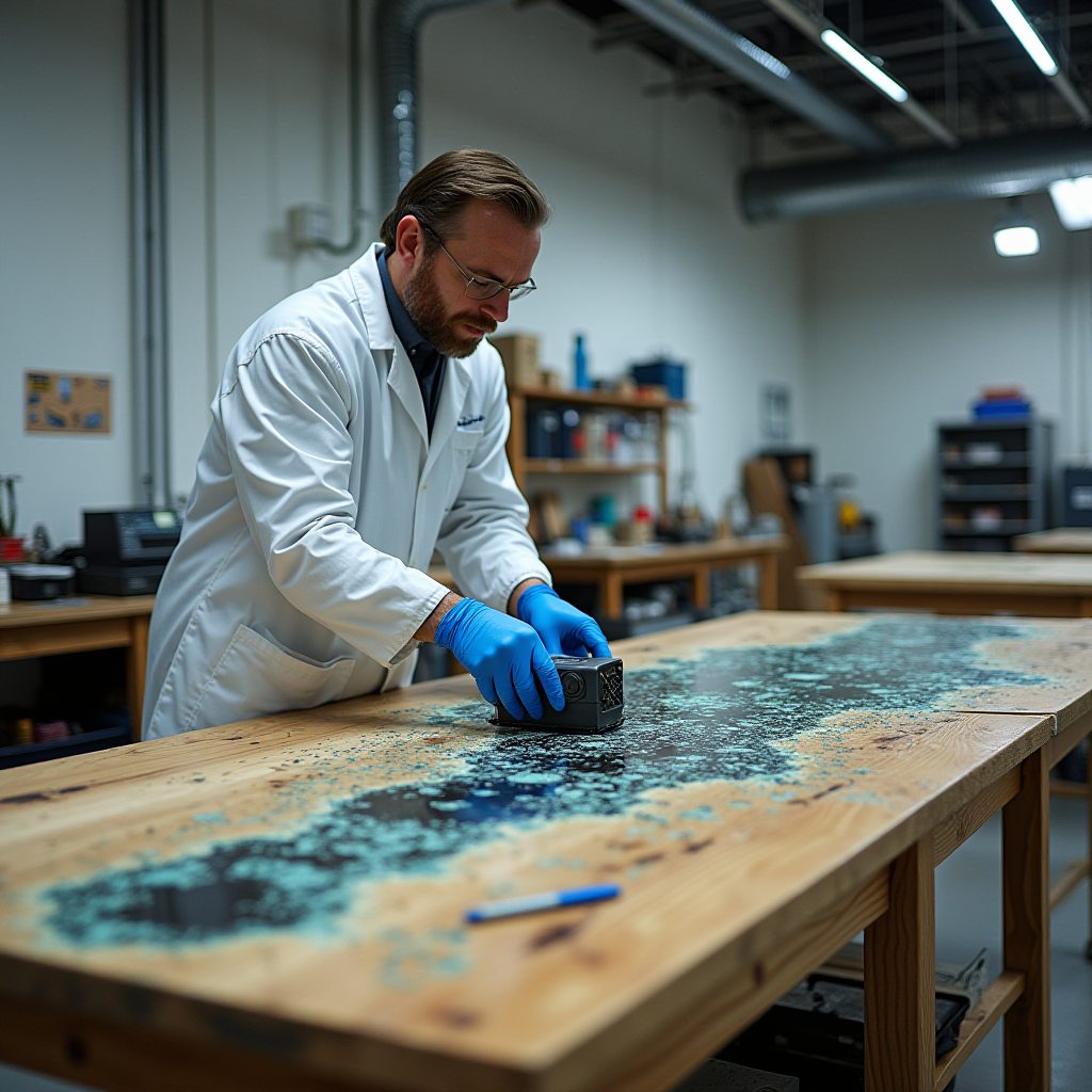 A scientist in a lab coat examines a sample with a small device on a wooden table, wearing blue gloves.