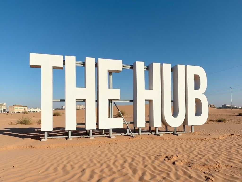 The image features a large outdoor sign that reads 'THE HUB' prominently displayed in a desert setting. The letters are bold, white, and free-standing, contrasting sharply with the sandy landscape around them. Bright blue skies extend above, emphasizing the sign's isolation in the desert. Sparse vegetation, such as small shrubs, is visible in the foreground, adding a touch of green to the sandy tones. This striking image captures the essence of an inviting yet remote business hub.