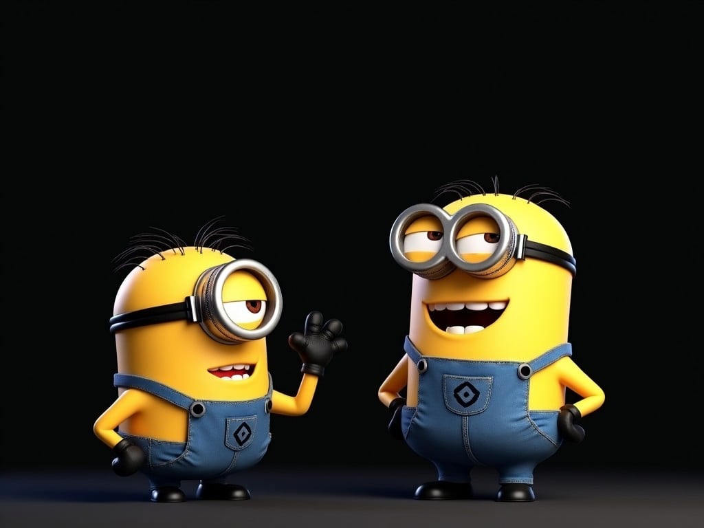 The image features two minion characters in a playful interaction. One minion is speaking to the other with a smile, conveying a fun and lighthearted moment. Their expressions are exaggerated, showcasing their quirky personalities. The background is black, which makes the bright yellow of the minions stand out. Each minion takes up about 30% of the overall wallpaper size. This scenario captures the essence of their amusing friendship.