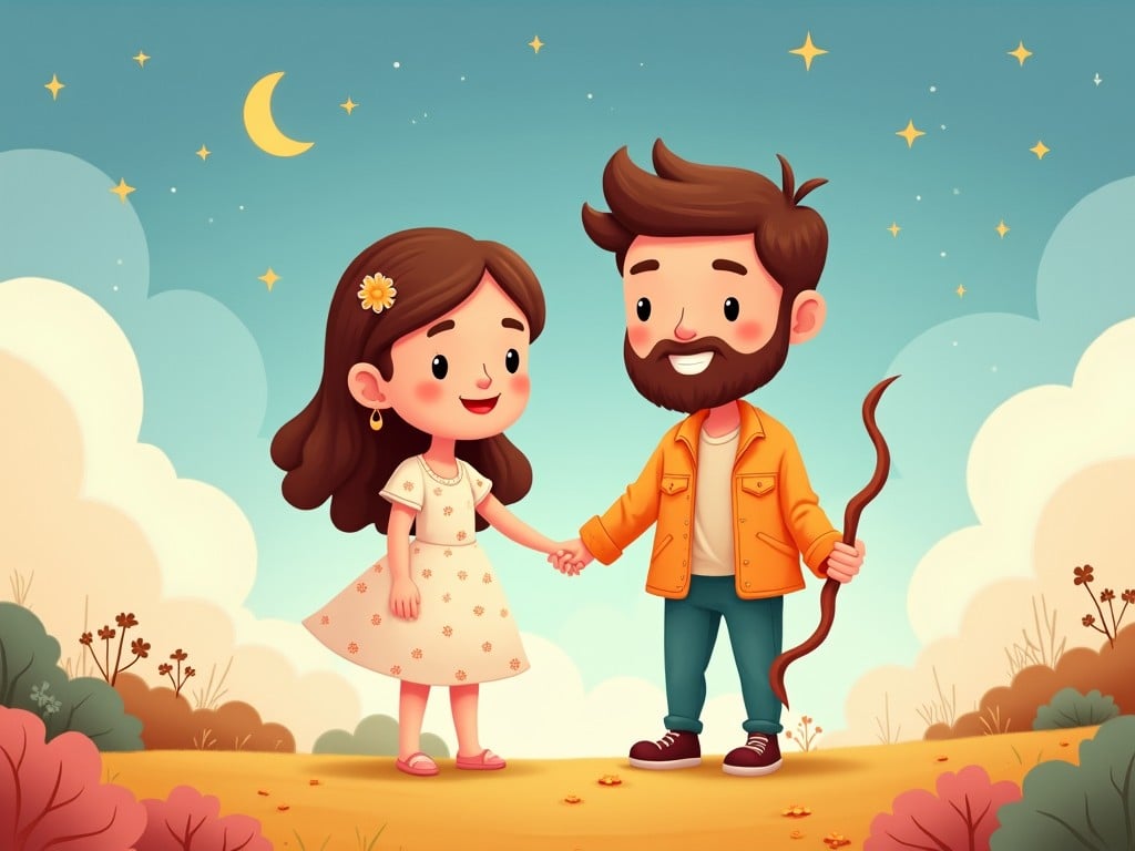 The image features a cheerful girl and a boy holding hands in a picturesque outdoor setting. The girl has long hair and wears a floral dress, while the boy has a beard and is dressed in a casual orange jacket. They both are smiling as they share a joyful moment. The background shows a vivid sky with a crescent moon and twinkling stars, along with colorful foliage around them. This scene evokes a sense of warmth and happiness, perfect for a children's storybook illustration.