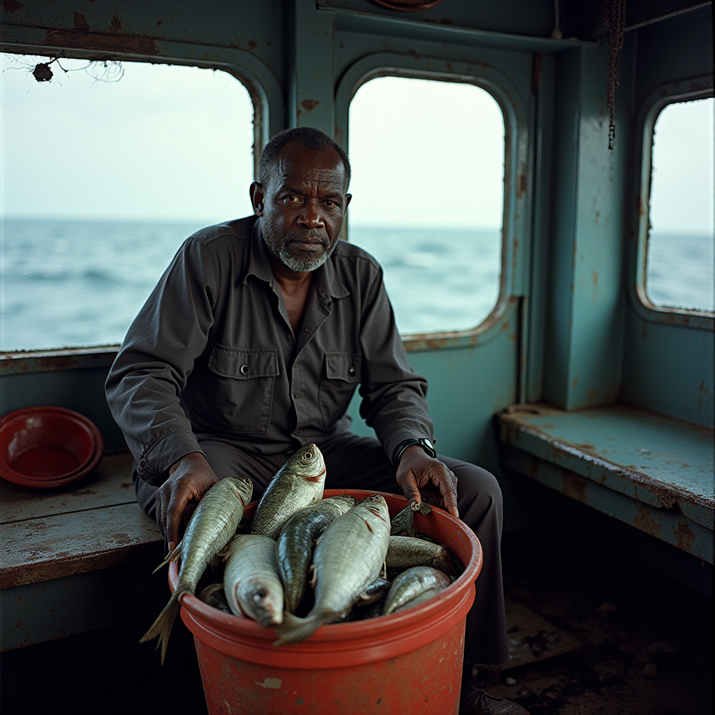 A man sits inside a rustic boat holding a red container filled with freshly caught fish against a backdrop of the sea.