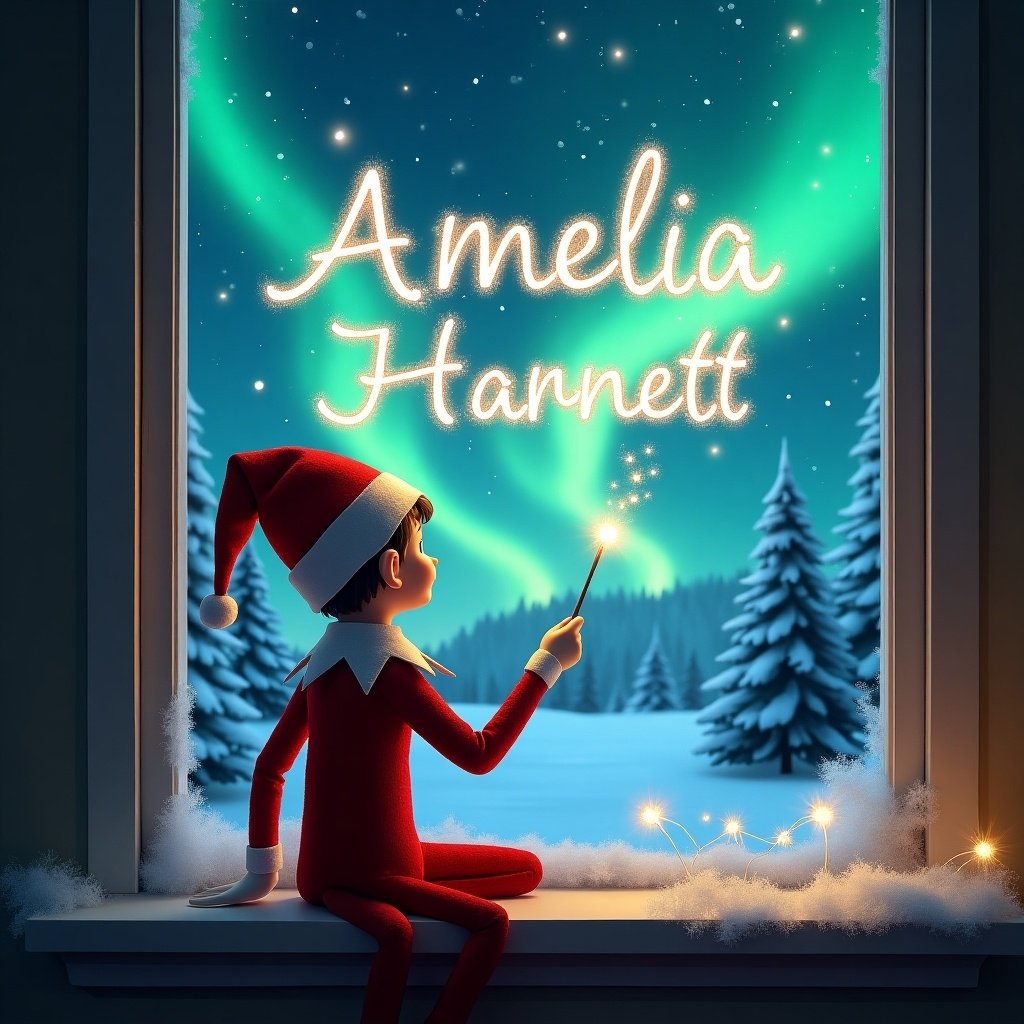 The image depicts an elf on the shelf, sitting quietly with his back to the viewer. He gazes out of a window where a mesmerizing night sky reveals beautiful northern lights. With a magical wand, he conjures the name ‘Amelia Harnett' in sparkling, twinkling letters. The background features a tranquil winter scene adorned with snow-covered trees, enhancing the holiday spirit. This enchanting moment showcases the joy of the season, making it a charming representation of Christmas magic.