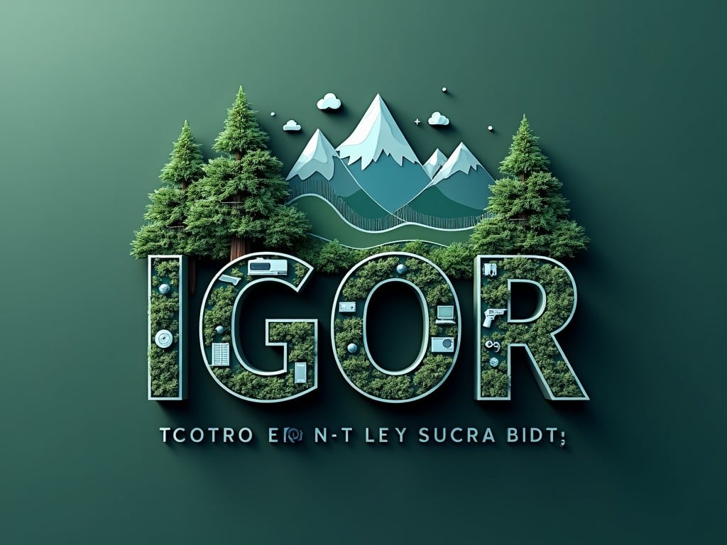 This image creatively integrates typography with lush natural elements, forming the word 'IGOR' with vibrant greenery. The backdrop features stylized mountains and trees, suggesting a theme of harmony with nature. Various technological icons embedded within the letters represent the integration of technology and the natural world.