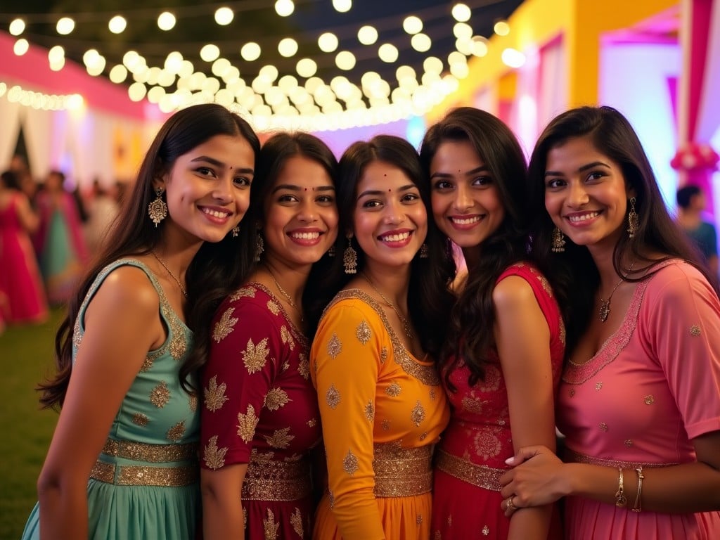 This image captures a lively gathering where a group of five women stand closely together, all smiling joyfully. They are dressed in beautifully designed traditional Indian outfits featuring vibrant colors like pink, orange, and green. The backdrop is decorated with soft lighting, contributing to a festive atmosphere. The scene suggests a cultural celebration, perhaps a wedding or festival, showcasing the elegance of traditional attire. The women exude happiness, emphasizing the joy of community and celebration.