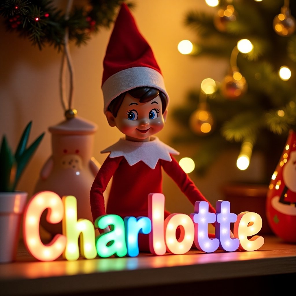 A cheerful elf on the shelf is in a vibrant Christmas scene, wearing a red and white outfit. The elf is joyfully writing the name 'Charlotte' in colorful letters that are lit up. Surrounding the elf are festive decorations, including a decorated tree and twinkling lights. The background has a warm, inviting atmosphere that evokes holiday cheer. This enchanting scene captures the essence of Christmas magic, making it perfect for family celebrations and personalized gifts.