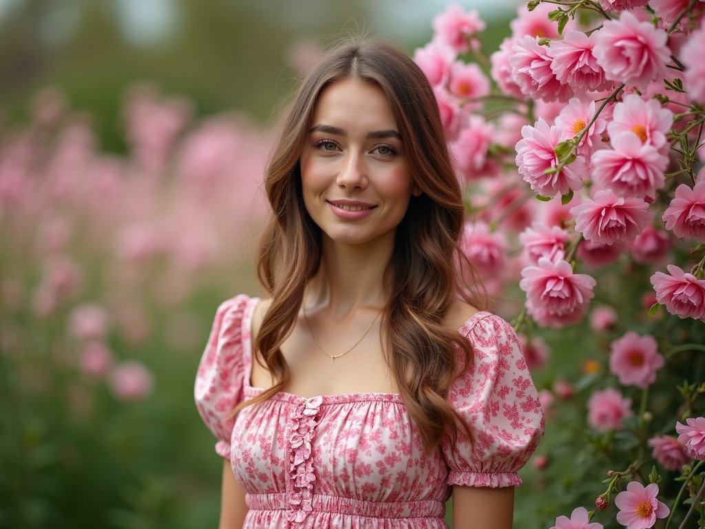 A young woman wearing a floral-patterned dress stands amidst a vibrant garden of pink flowers. Her gentle smile complements the lush blooms surrounding her, creating a serene and harmonious scene. The soft background blur highlights the vivid colors of the flowers and her dress, enhancing the tranquil and cheerful atmosphere.