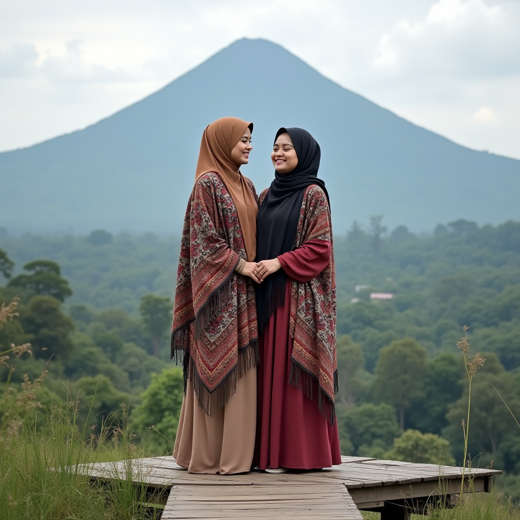 Two women in traditional attire stand on a wooden path, holding hands, against the backdrop of a lush forest and a distant mountain.