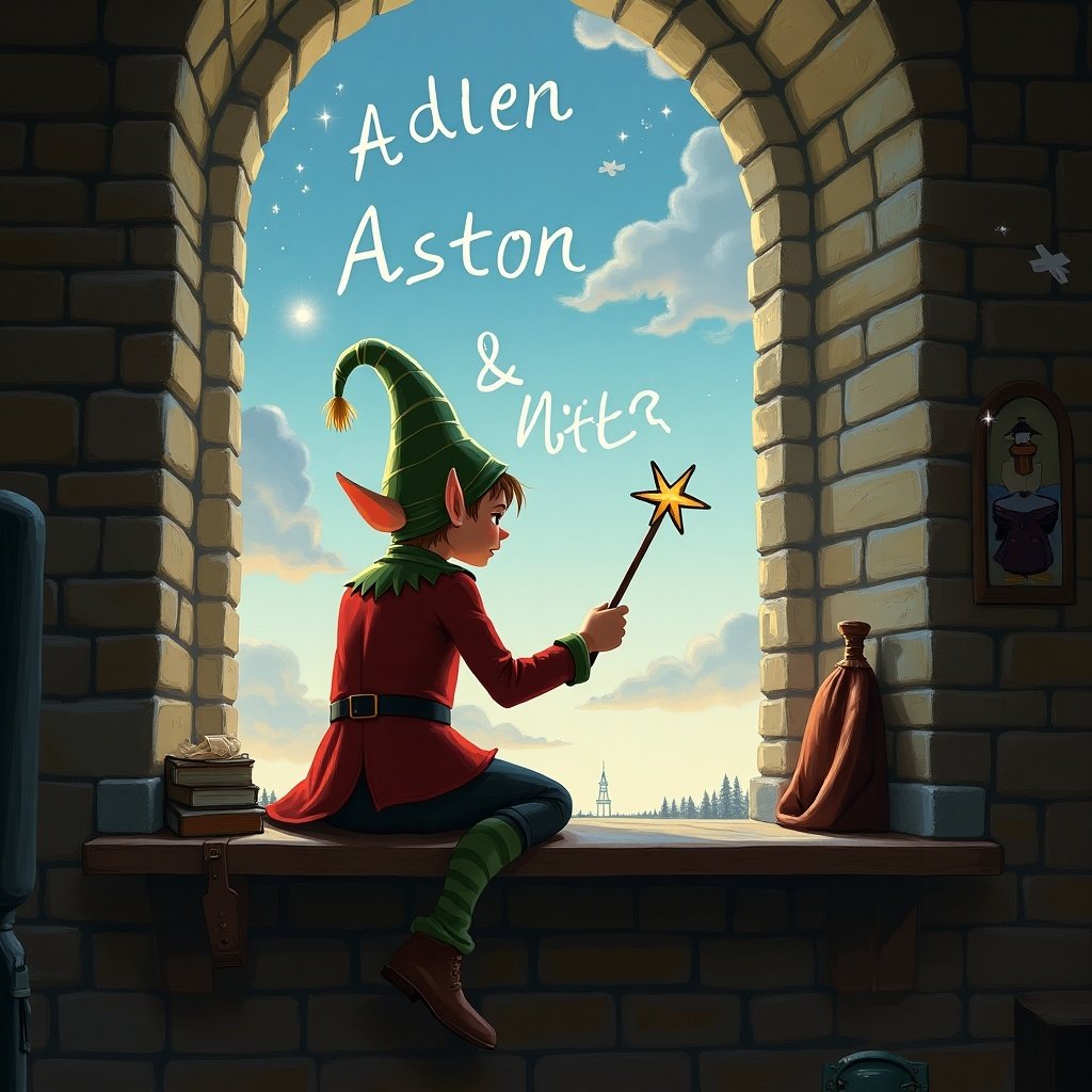 An enchanting scene featuring an elf sitting by a tall arched window. The elf has their back to the viewer, gazing into a bright sky filled with soft clouds. In one hand, they hold a wand, which they are using to write names in the air. The names written appear to be Aden, Nessa, Asher, Axton, and Atticus, glowing with magic. The interior is cozy, with stone walls and a whimsical ambiance that evokes the magic of the holiday season.