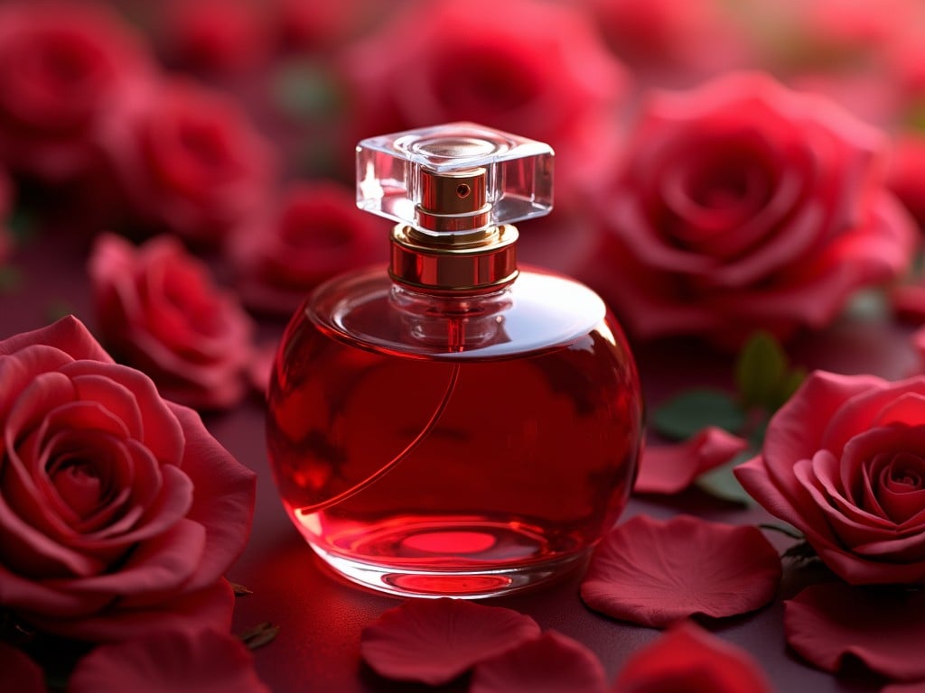 A red perfume bottle surrounded by rose petals on a matching deep red background.