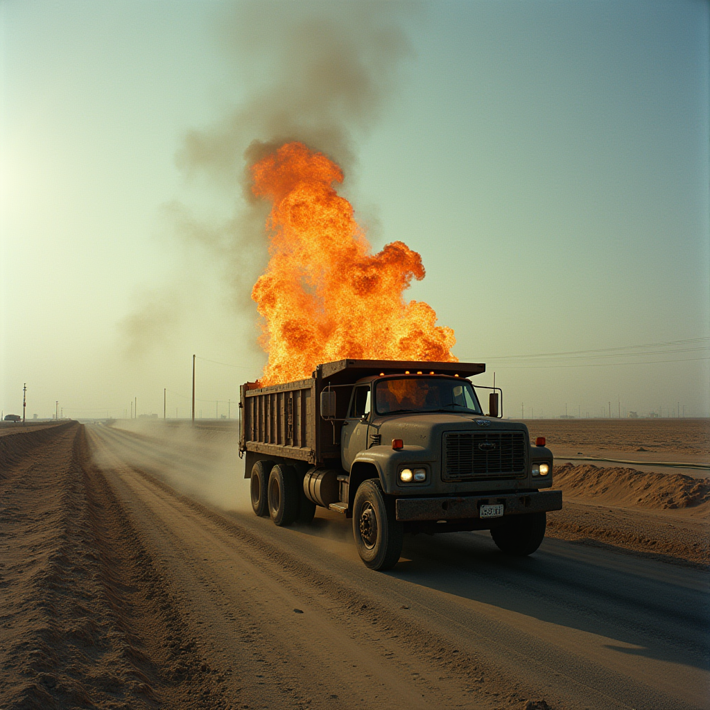 A large truck drives down a dusty road with intense flames billowing from its open top against an arid landscape.