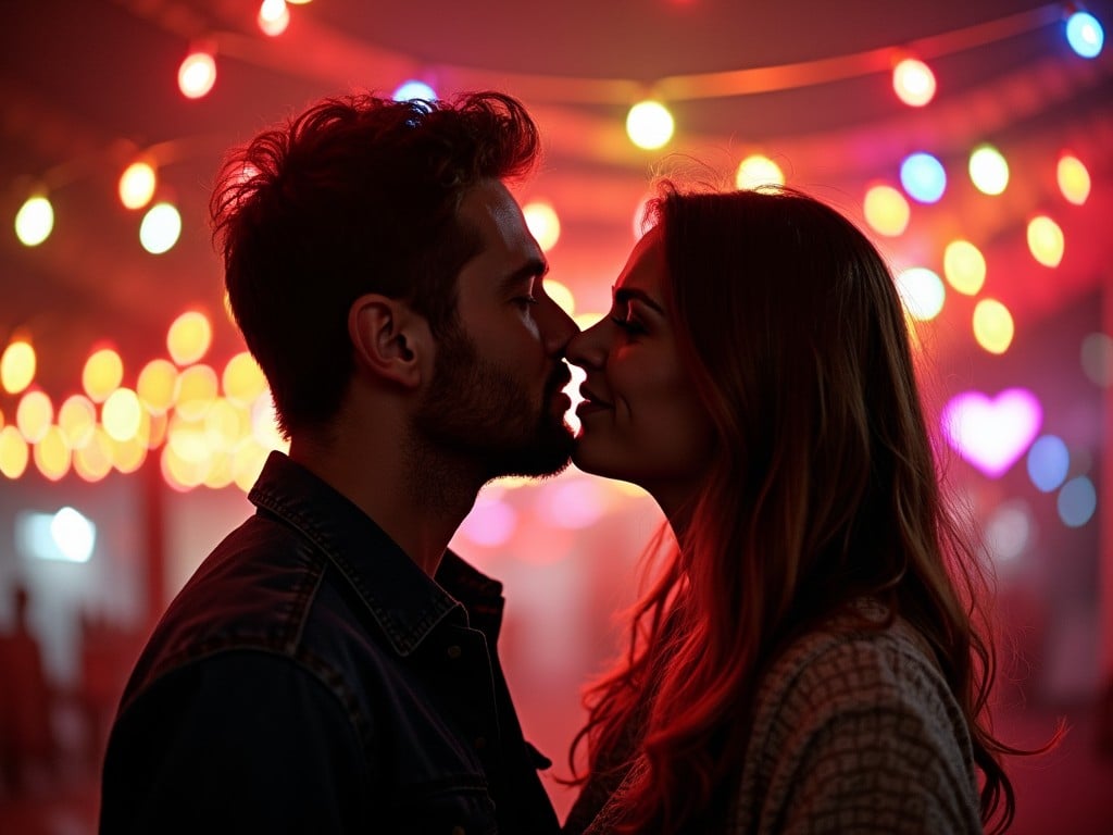 A romantic scene capturing a couple about to kiss, surrounded by vibrant string lights at night. The colorful lights create a warm, dreamy atmosphere. The couple is silhouetted against the lights, emphasizing their closeness. The male has a stylish haircut and beard, while the female has long, flowing hair. Both appear happy and connected. The background is softly blurred, enhancing the intimacy of the moment.