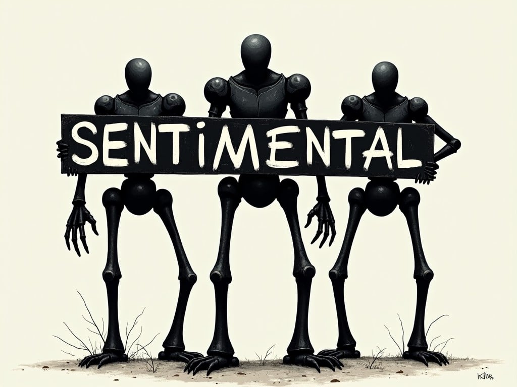 This illustration features three faceless mecha creatures with extremely long limbs. They are holding a large sign that reads 'SENTIMENTAL'. The style is reminiscent of graffiti art, bringing a contemporary feel to the piece. The background is clean and minimalistic, allowing the dark figures to stand out. The use of a muted palette enhances the starkness of the illustration, creating an impactful visual statement.