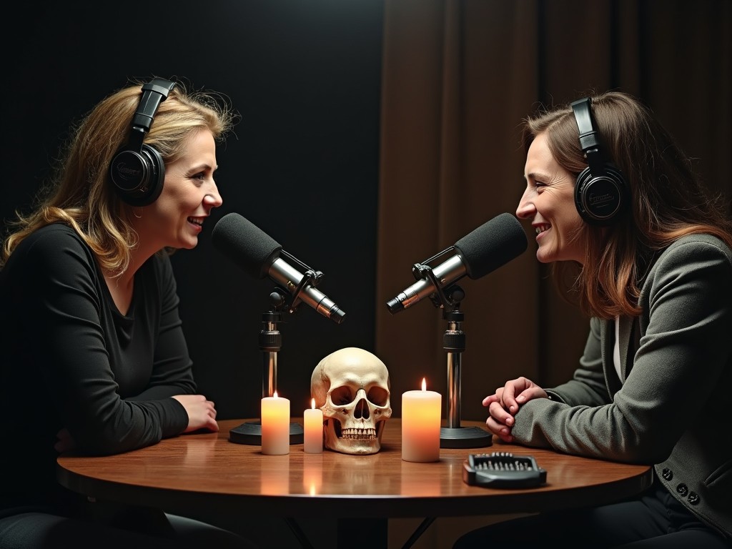 This image depicts two women engaged in a lively conversation across a table, each wearing headphones and speaking into microphones. The setting is cozy, illuminated by candles, enhancing the intimate atmosphere. A skull placed in the center adds a spooky touch, hinting at themes related to horror or true crime. The women seem to be enjoying the discussion, showcasing the engaging nature of podcasts. The overall composition creates a unique blend of warmth and eeriness, making it visually impactful for podcast-related content.