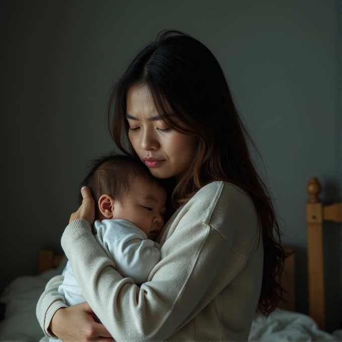 A woman gently holds a sleeping baby in a cozy, dimly lit room.