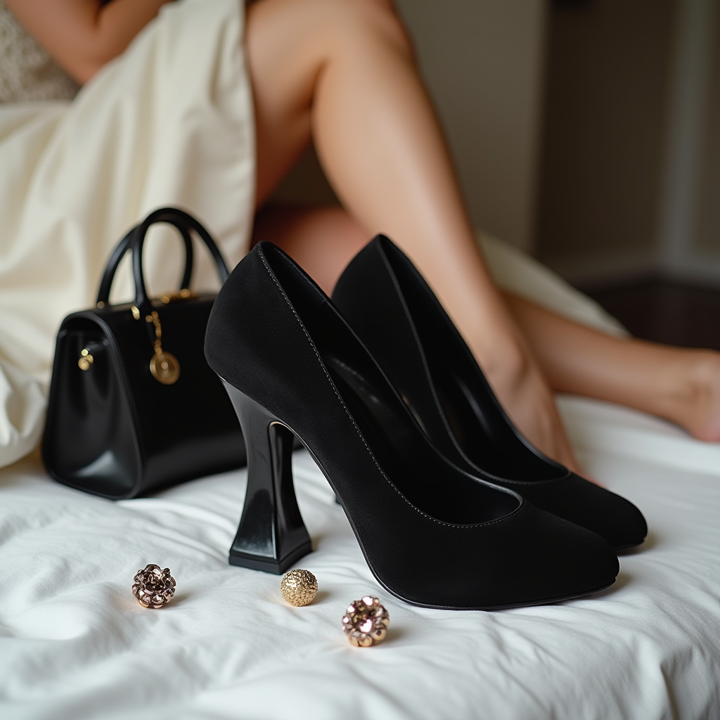 A pair of stylish black high heels with a matching handbag and jewelry on a bed.