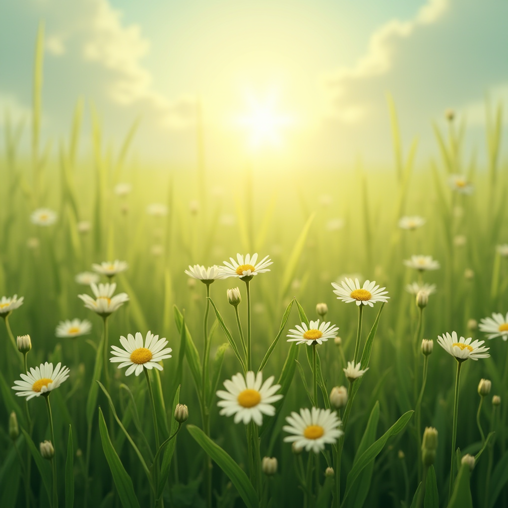 Daisies bask in the glow of the early morning sun in a lush field.