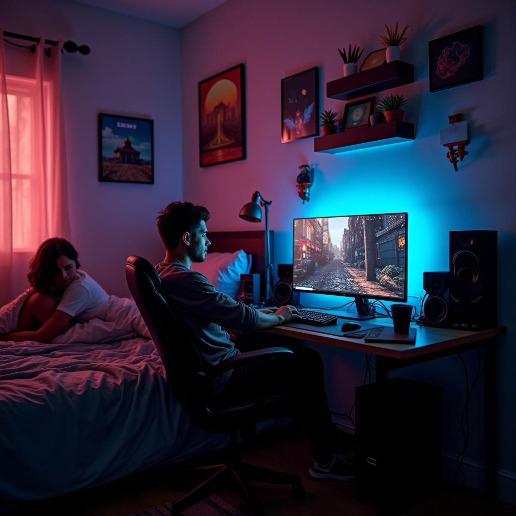 A cozy room illuminated by blue and pink lighting, where a person intently plays a computer game while another rests on the bed, surrounded by modern decor and shelves with plants.