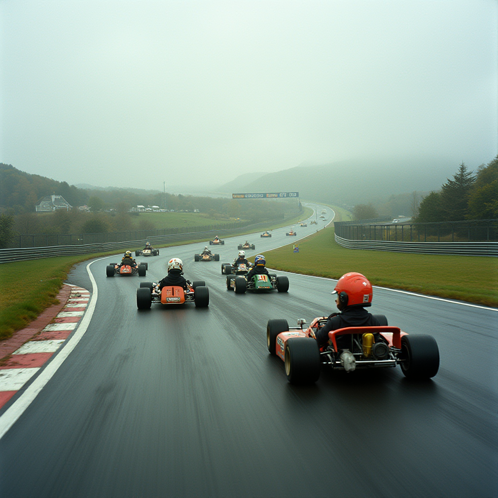 Go-karts race on a wet, winding track surrounded by foggy hills.