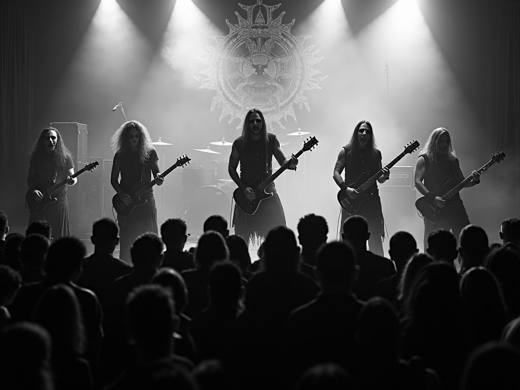 A black and white image captures five musicians performing on stage, all adorned in corpse paint typical of black metal bands. They're holding electric guitars and facing an enthusiastic audience. The stage is engulfed in dramatic lighting and smoke, enhancing the eerie atmosphere associated with their music. The image portrays a sense of unity among the band members, vital to black metal performances. The crowd appears captivated, reflecting the powerful connection between the musicians and their fans in this gothic setting.