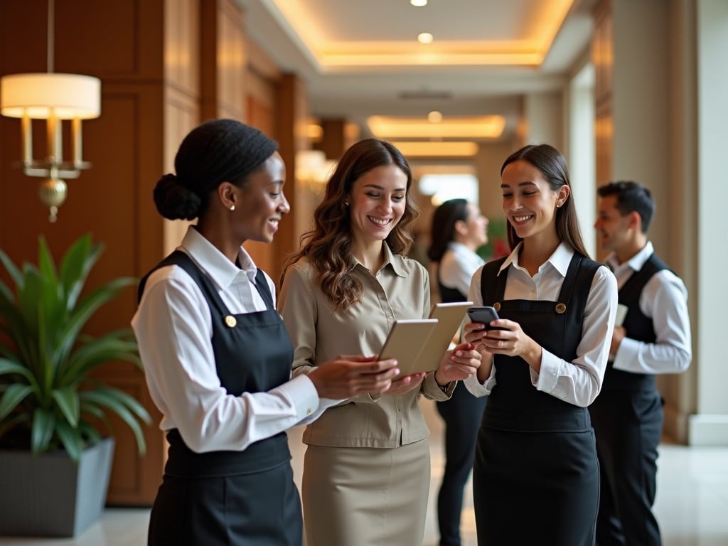 The image depicts a group of three hospitality staff members engaged in their work in a professional setting. They are smiling as they interact with technology, depicting a modern approach to service. The staff wears formal attire, enhancing their professional appearance. A lush plant decorates the background, contributing to the warm ambiance of the environment. This scene illustrates teamwork and efficiency within the hospitality industry, showcasing the importance of customer service in a luxurious setting.