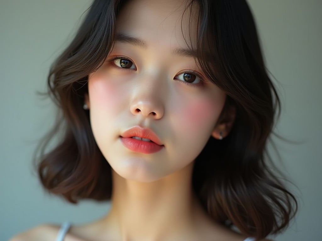 A close-up portrait of a young woman with soft features and natural makeup. She has long, wavy hair and a gentle expression on her face. The lighting is soft, highlighting her features beautifully. The background is simple and unobtrusive, allowing her face to be the focus. The color palette consists of warm and soft tones, enhancing the overall aesthetic of the image.