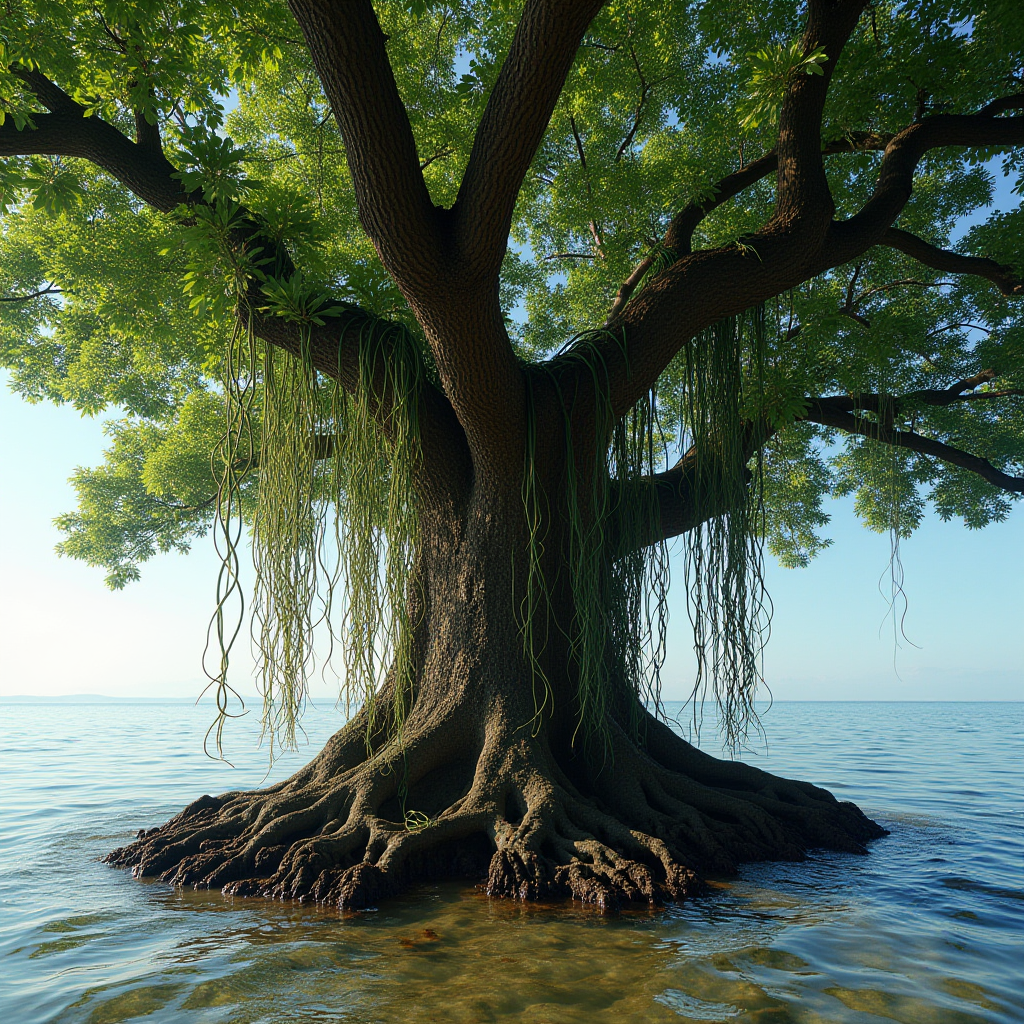 A large, majestic tree stands firmly on a shallow part of a serene body of water, possibly a lake or ocean. This tree has a thick, sturdy trunk with a network of twisting, gnarled roots extending into the water, suggesting a resilient and ancient presence. Long, vine-like tendrils drape from its numerous branches, adding a sense of grace and mystery to its overall appearance. The lush green canopy contrasts beautifully against the clear blue sky, and the sunlight filtering through the leaves casts playful patterns on the water’s surface. The scene conveys an atmosphere of tranquility and timelessness.