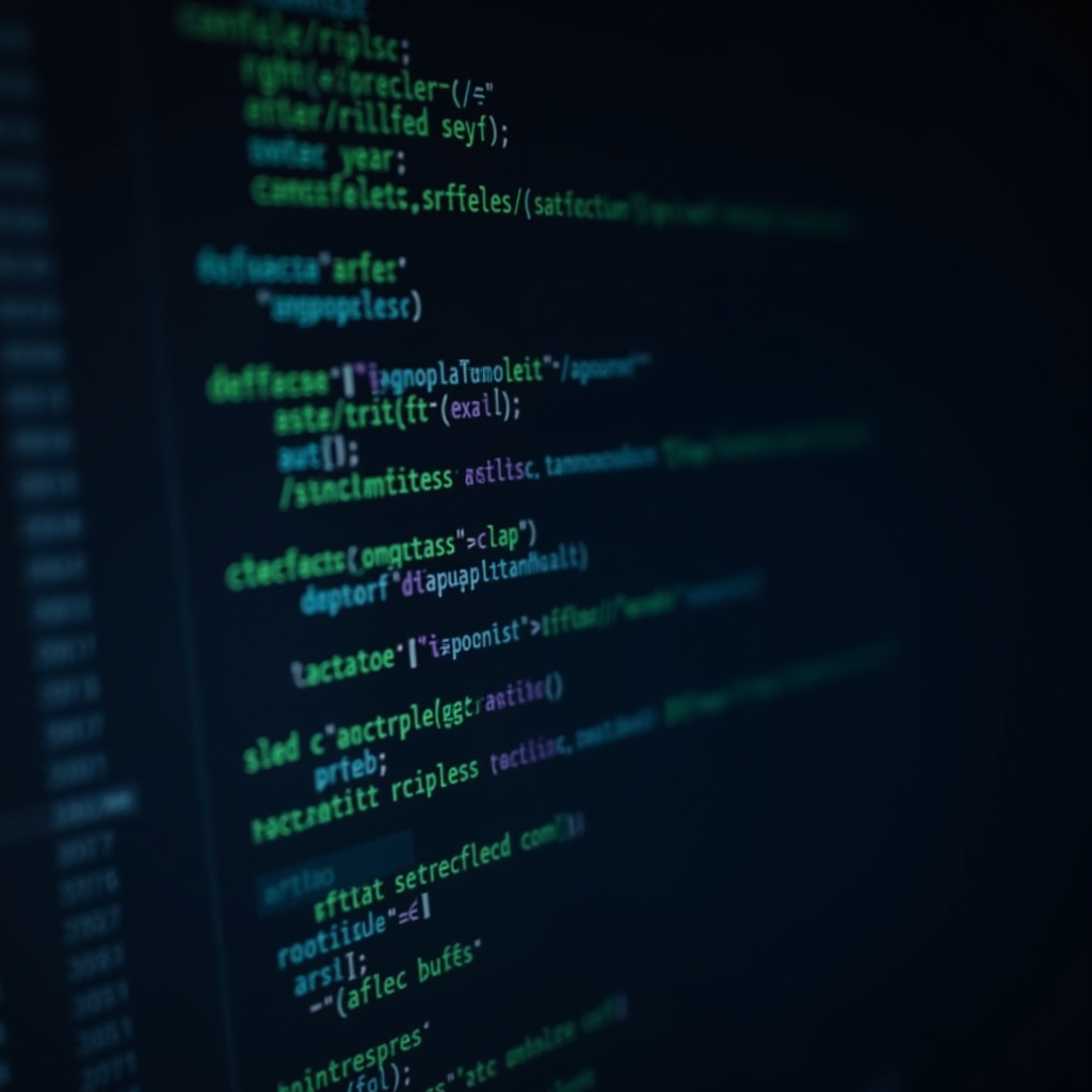 A blurred close-up of computer code with colorful syntax highlighting on a dark screen.