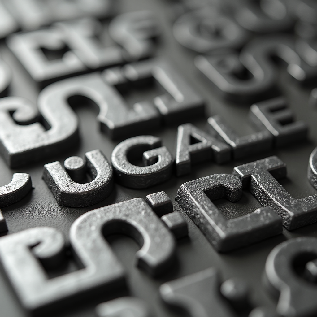 The image shows close-up metallic letters placed on a dark surface.